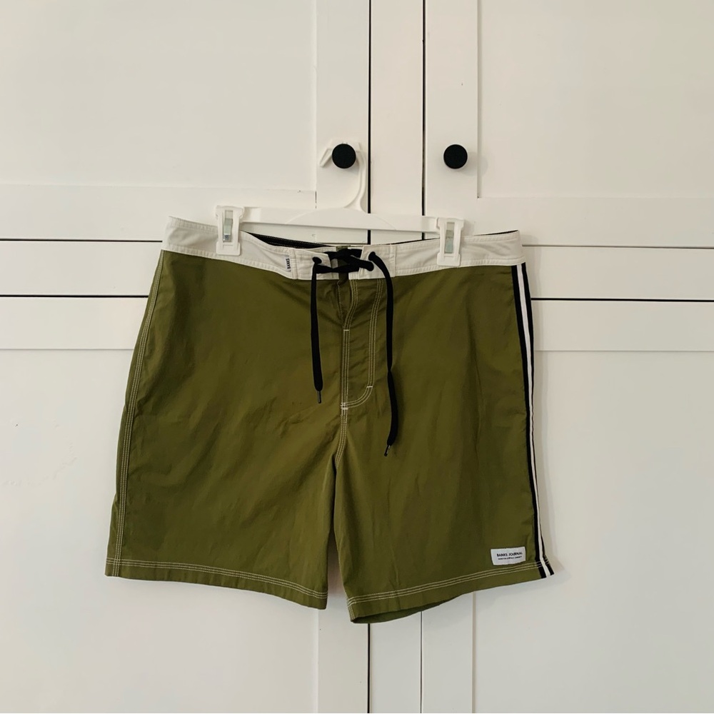 Men’s Bank Journal Haven Green Cream Black Swim Boardshorts Size 33
